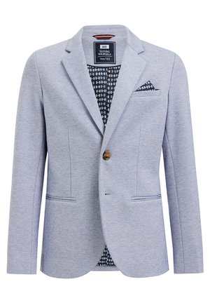 Lysegrå blazer med enkelt knaplukning, hakkede revers, to forlommer, mønstret mørk for og matchende mønstret lommetørklæde.