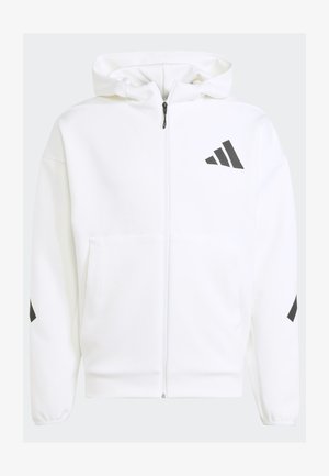 Bílá mikina na zip s kapucí. Má černé logo a akcenty na ramenou. Je vyrobena z měkkého materiálu s hladkou texturou. Obsahuje přední kapsy.