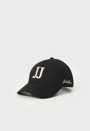 Zwarte baseballpet met een wit geborduurd "JJ" logo aan de voorkant en "Jack & Jones" tekst aan de zijkant. Gemaakt van katoen met een gebogen klep.