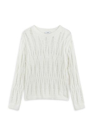 Weißer Strickpullover mit einem gemusterten, offenen Gewebe, langen Ärmeln und einem gerippten Halsausschnitt sowie Saum. Leicht und strukturiert.