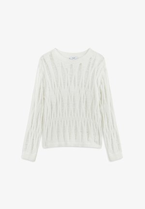 Witte gebreide trui met een gehamerd openweefsel, lange mouwen en een geribbelde halslijn en zoom. Lichtgewicht en textuurrijk.