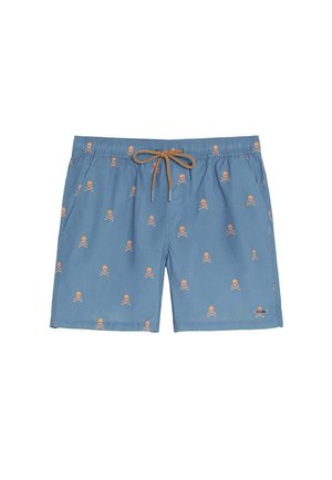 Bañador corto azul con patrón de calavera y tibias naranja, cintura elástica y cordón marrón en la parte delantera.
