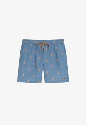 Bañador corto azul con patrón de calavera y tibias naranja, cintura elástica y cordón marrón en la parte delantera.