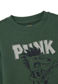 Groene sweatshirt met ribbelkraag, voorzien van een zwart gedrukt punkwolf-graphic. Het shirt heeft vetgedrukte "PUNK" tekst boven het ontwerp.