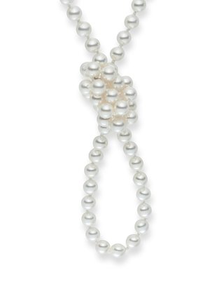 White pearl necklace featuring a mix of round and clustered pearls, displaying a smooth texture and consistent color throughout.
