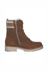 Bottines marron en suede, dotées d'un col en fourrure, d'un laçage à l'avant, d'une fermeture éclair sur le côté et d'une semelle en caoutchouc texturé.