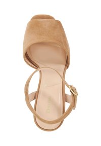 Nude suede block-heeled sandal with wide toe strap and ankle strap featuring a gold buckle. Smooth inner sole with embossed brand name.