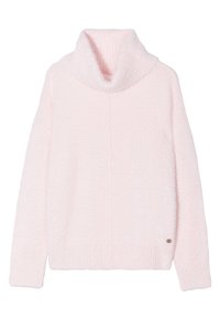 Pull oversized de couleur rose clair avec un col cheminée douillet, texture douce, poignets et ourlet côtelés, comportant un petit logo sur le côté.