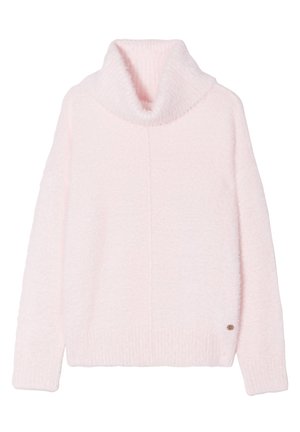 Pull oversized de couleur rose clair avec un col cheminée douillet, texture douce, poignets et ourlet côtelés, comportant un petit logo sur le côté.