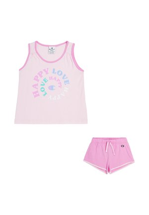 Top senza maniche rosa con grafica "HAPPY LOVE" e pantaloni shorts rosa abbinati con cintura elastica e bordo bianco. Materiale in cotone morbido e leggero.