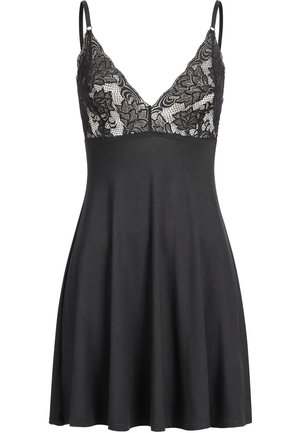 Robe noire avec un corsage en dentelle et des bretelles spaghetti réglables. Jupe évasée offrant une silhouette décontractée. Texture lisse dans l'ensemble.