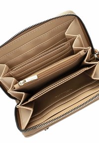 Beige leather wallet featuring multiple card slots, a zippered coin pocket, and a zip closure, with smooth interior compartments and stitching details.
