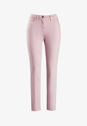 Svetlorozne hlače s slim fit krojem, izdelane iz teksturirane tkanine, z zadrgo in gumbom za zapiranje ter dvema sprednjima žepoma.