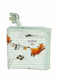 Mintgrön tygpåse med lekfulla illustrationer av kor och fåglar, randigt mönster, dragkedjestängning och ett handtag med en nappkoppling.