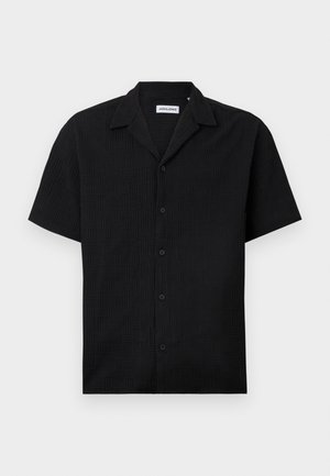 Black short-sleeve shirt with a textured pattern, featuring a notched collar and six buttons down the front. Soft fabric.