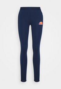 Granatowe legginsy wykonane z elastycznego materiału, posiadające dopasowany krój oraz haftowane pomarańczowe i czerwone logo na lewym udzie.