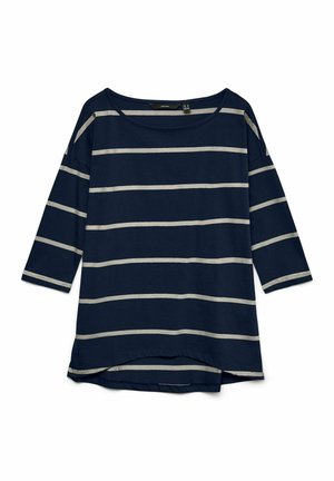 Marineblauw shirt met lange mouwen en witte horizontale strepen, met een ronde hals, plat neergelegd op een witte achtergrond.