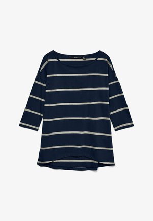 Chemise à manches longues bleu marine avec des rayures horizontales blanches et un col rond, présentée à plat sur un fond blanc.