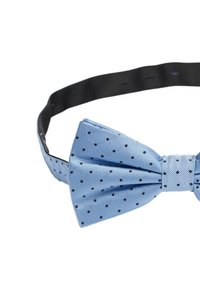 Ljusblå fluga med ribbad textur och svarta prickar. Den har ett justerbart svart band för att fästa runt halsen.
