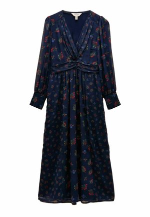 Marineblaues Blumenkleid mit langen Ärmeln, V-Ausschnitt, gerafftem Vorderteil und floralem Muster in Rot und Blau. Hergestellt aus leichtem, fließendem Stoff.