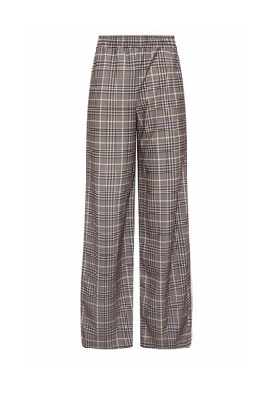 Wijde broek met elastische tailleband in een bruin-beige ruitpatroon, afgebeeld tegen een witte achtergrond.