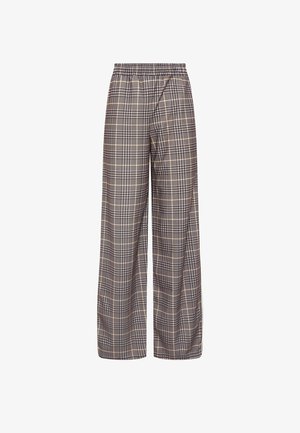 Pantalon à jambes larges avec taille élastique, motif à carreaux marron et beige, présenté sur un fond blanc.