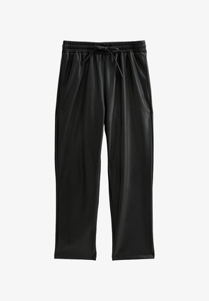 Zwarte sportbroek gemaakt van glad, lichtgewicht materiaal. Voorzien van een elastische tailleband met een trekkoord en zijzakken.