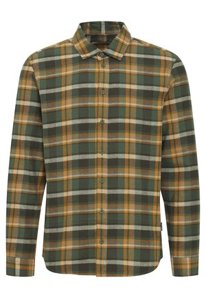 Camicia a quadri verde con motivi a scacchi gialli e bianchi, maniche lunghe, colletto classico e orlo dritto. Materiale in cotone.