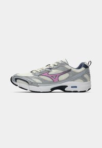 Grey mesh athletic shoe with a pink accent logo, featuring a textured upper, cushioned sole, and a dark blue heel for support.