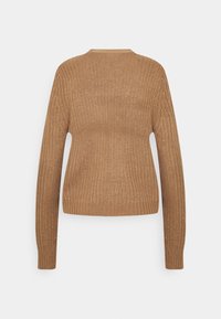 Pull en tricot de couleur marron chaud avec manches longues, encolure ronde et ourlet côtelé. Présente un motif texturé sur le tissu.