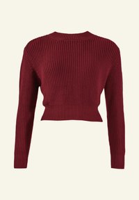 Gekürzter, gerippter Strickpullover in tiefem Burgunderrot mit langen Ärmeln und Rundhalsausschnitt.