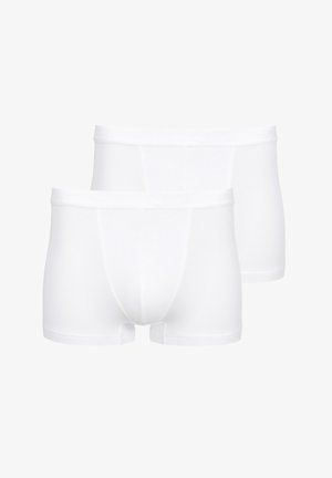 Valkoiset puuvillasekoitteiset boxerit, joissa on sileä pinta, joustava vyötärönauha ja klassinen leikkaus ilman näkyviä kuvioita tai yksityiskohtia.