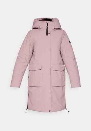 Rosa wasserdichte Parka mit Kapuze, zwei frontalen Taschen und einem Reißverschluss. Verfügt über verstellbare seitliche Belüftungen und schwarze Akzente.