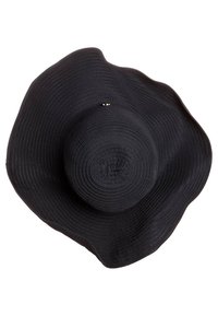 Cappello nero a tesa larga realizzato in materiale testurizzato, con una corona arrotondata e un sottile motivo a spirale, accentuato da un piccolo dettaglio dorato.