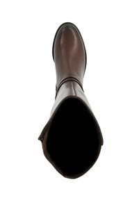 Brown leather knee-high boot with a rounded toe, smooth texture, zip closure on the side, and a sturdy sole. Viewed from above.