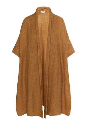 Poncho lavorato a maglia di colore marrone, oversize, con apertura frontale e maniche corte. Il tessuto testurizzato presenta costine verticali, una finitura morbida e bordi grezzi.