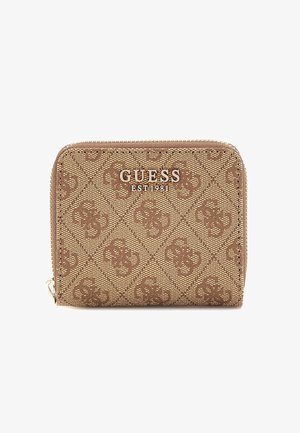 Brown zippered wallet made of textured synthetic material, featuring an embossed logo and a diamond pattern across the surface.