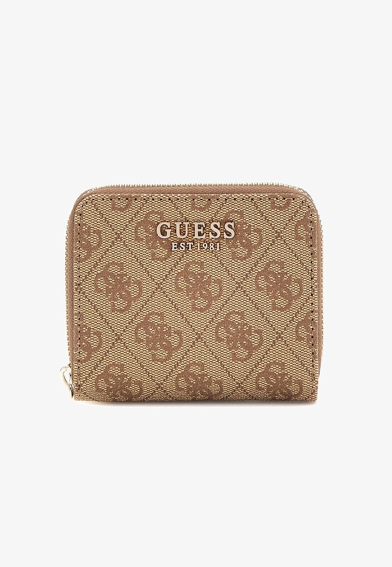 Brown zippered wallet made of textured synthetic material, featuring an embossed logo and a diamond pattern across the surface.