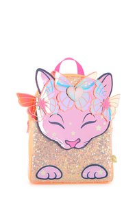 Zaino a forma di gatto rosa con fronte glitterato, accenti di farfalla e dettagli a stella. Realizzato in materiale sintetico; dispone di una maniglia superiore e una cerniera.