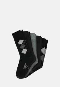 Set van vijf paar sokken met een mix van zwart, grijs en gedessineerde ontwerpen. Het materiaal lijkt zacht en heeft verschillende texturen en patronen, waaronder diamanten.