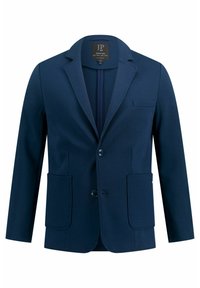 Blazer blu navy realizzato in tessuto liscio, con design monopetto, revers a punta, due tasche anteriori a toppa e una tasca sul petto.