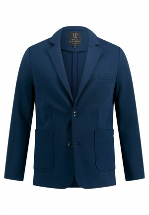 Navy blazer made of smooth fabric, featuring a single-breasted design, notch lapels, two front patch pockets, and a chest pocket.