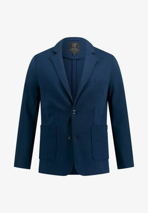 Blazer marine en tissu lisse, avec un design à un seul bouton, des revers en notches, deux poches plaquées à l'avant et une poche poitrine.
