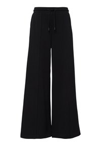Black wide-leg pants with drawstring waist and front seam detailing, suitable for casual or lounge wear.