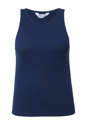 Granatowy, prążkowany top bez rękawów z okrągłym dekoltem i szerokimi ramiączkami. Materiał wydaje się gładki i lekki w dotyku.