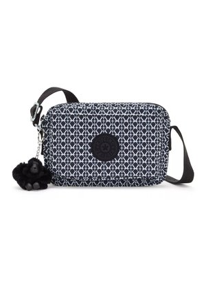 Navy blue rectangular bag with white geometric pattern, black logo patch, removable black gorilla keychain, and adjustable strap.