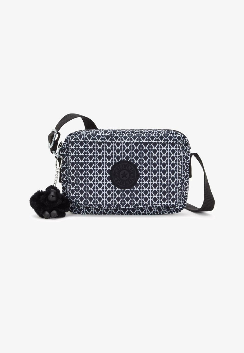 Navy blue rectangular bag with white geometric pattern, black logo patch, removable black gorilla keychain, and adjustable strap.