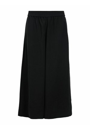 Pantalon culotte large noir avec taille élastique, longueur jusqu'aux genoux, en tissu léger.