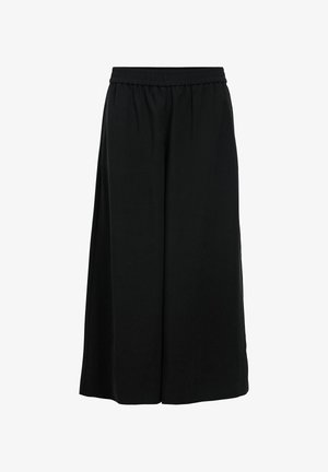 Pantalon culotte large noir avec taille élastique, longueur jusqu'aux genoux, en tissu léger.