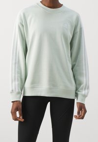 Light green sweatshirt with long sleeves, white stripe accents, ribbed cuffs, and crew neckline. Features subtle logo on chest. Black leggings visible.